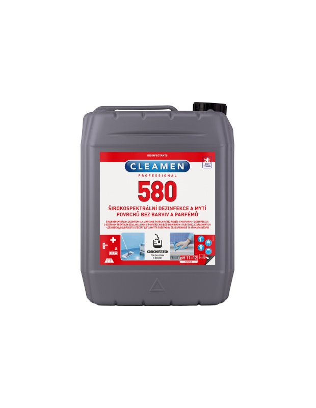 CLEAMEN 580, concentrate širokospektrální dezinfekce a mytí povrchů bez barviv a parfémů, 5L