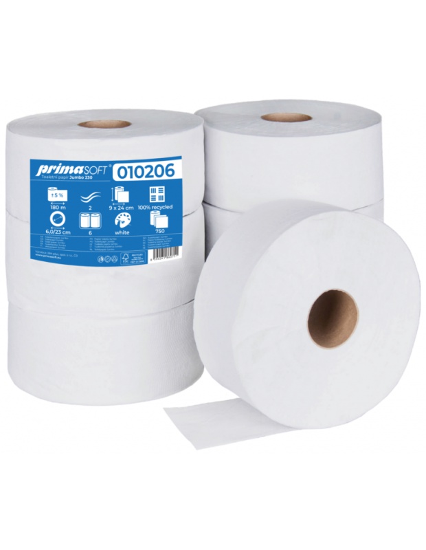 Toal. papír JUMBO 23 cm, bílý, 2 vr., rec., 180m, bal. 6ks